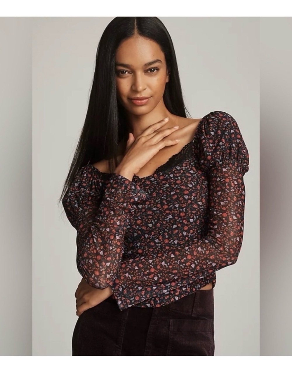 Maeve Anthropologie Y2K Mesh Floral Puff Sleeve Lace Trim Top M, Like New